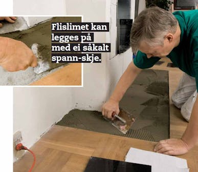 Montere peisinnsats: Flislimet røres opp til en konsistens som krem Montere peisinnsats: Flislimet røres opp til en konsistens som krem